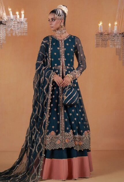Teal Majesty Embroidered Front-Open Ensemble – Liyanas Fashion Collection
