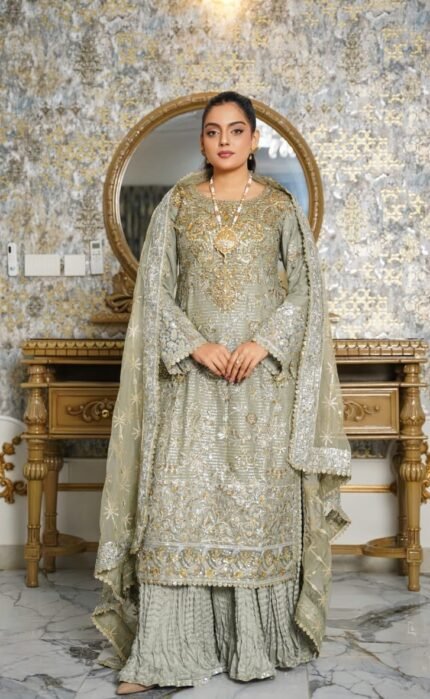 Royal Sage Heavily Embroidered Festive Ensemble – Liyanas Fashion Collection
